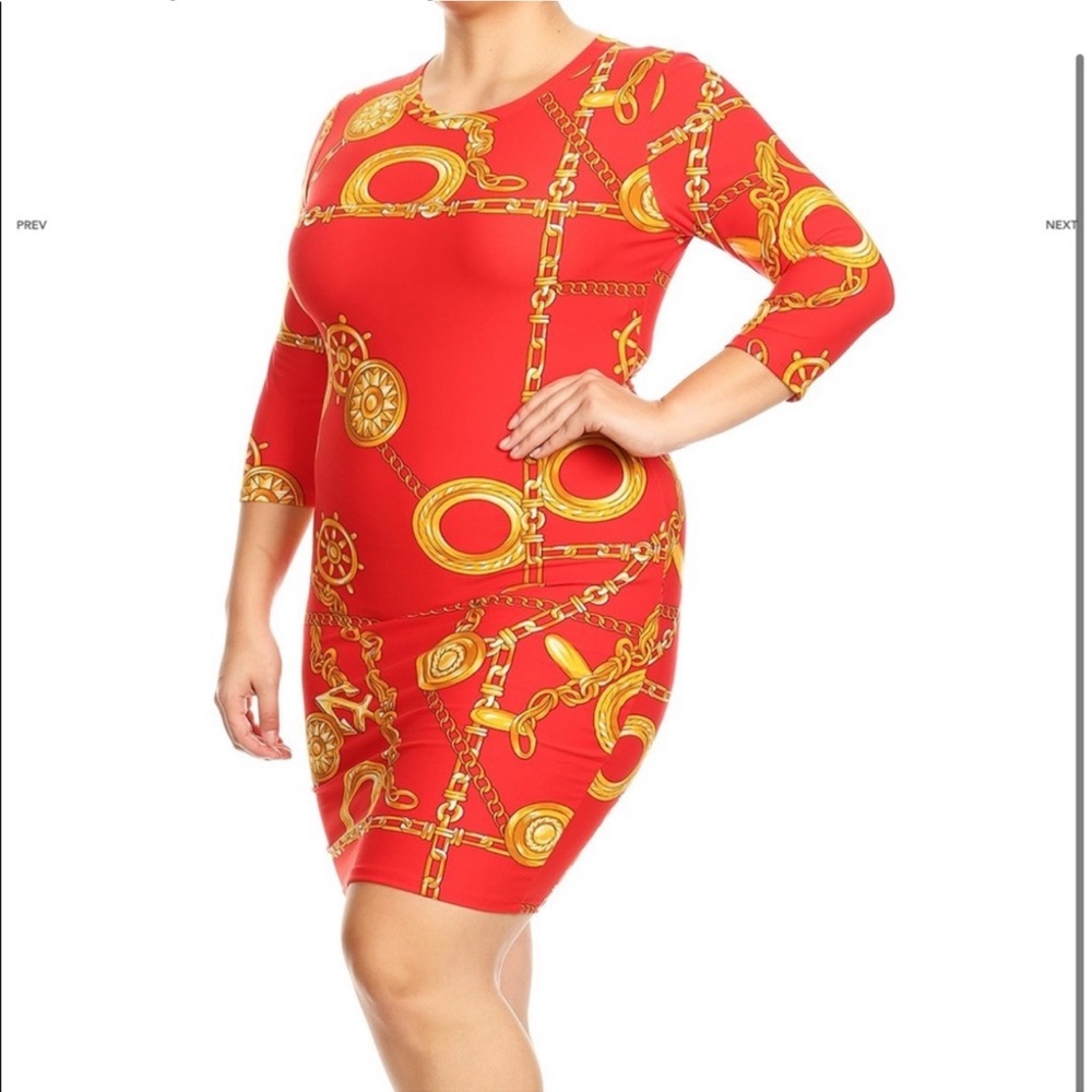 Red and Gold Chain Print Dress